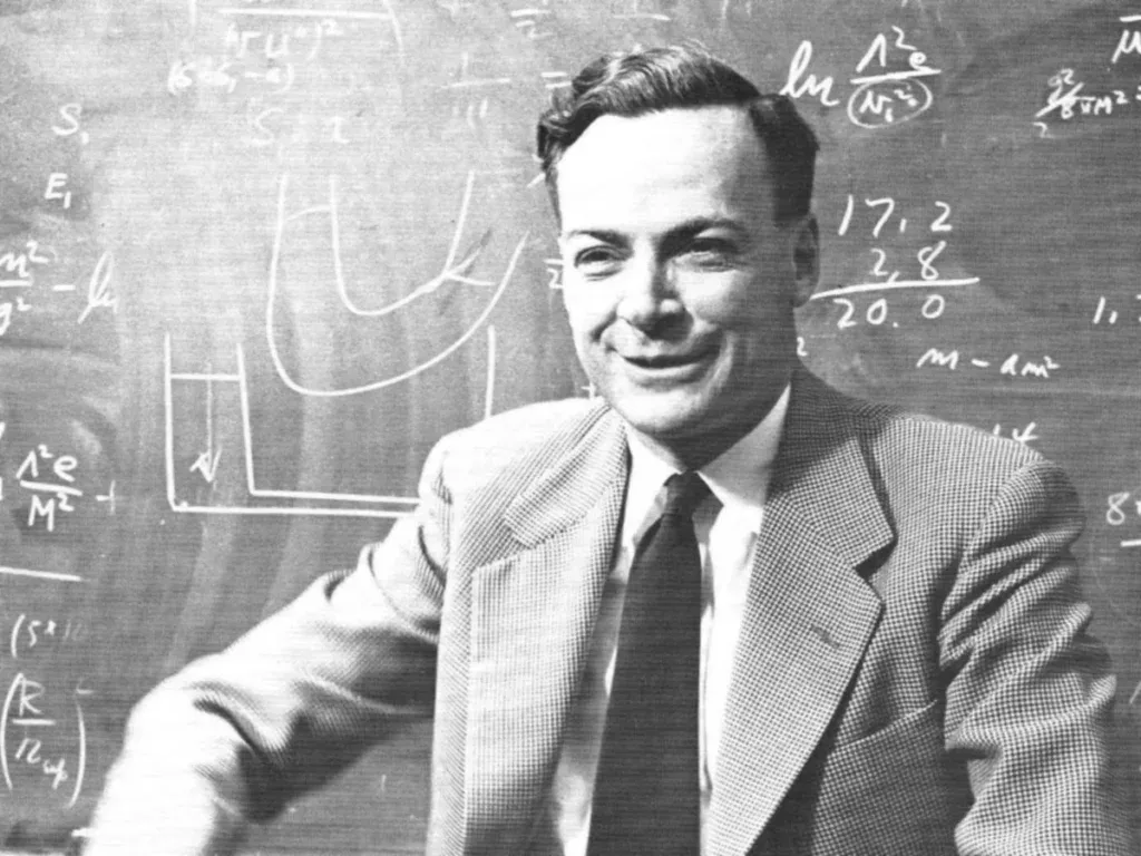 Richard Feynman przy tablicy z równaniami, zdjęcie z 1959 roku